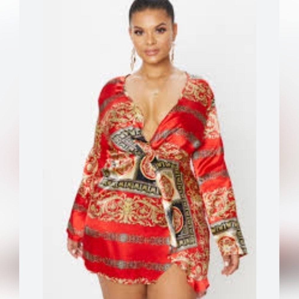 Pretty little things red satin printed wrap detail mini dress